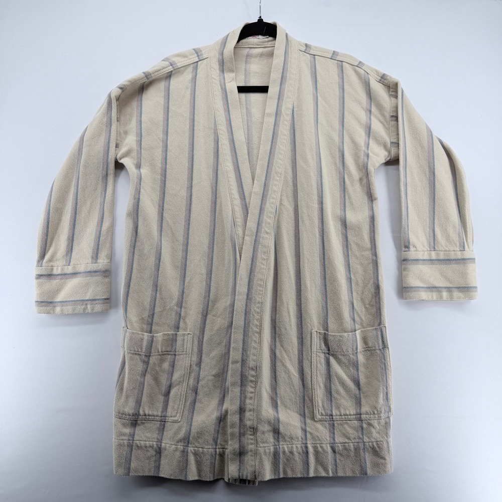 Faherty Brand Striped Cardigan Robe‎ XS Tan Blue Open Front Cotton Blend Pocket